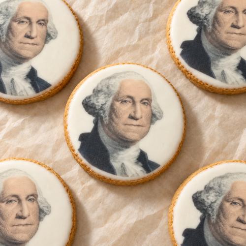 Cookies printed with a George Washington portrait, arranged on cream parchment.