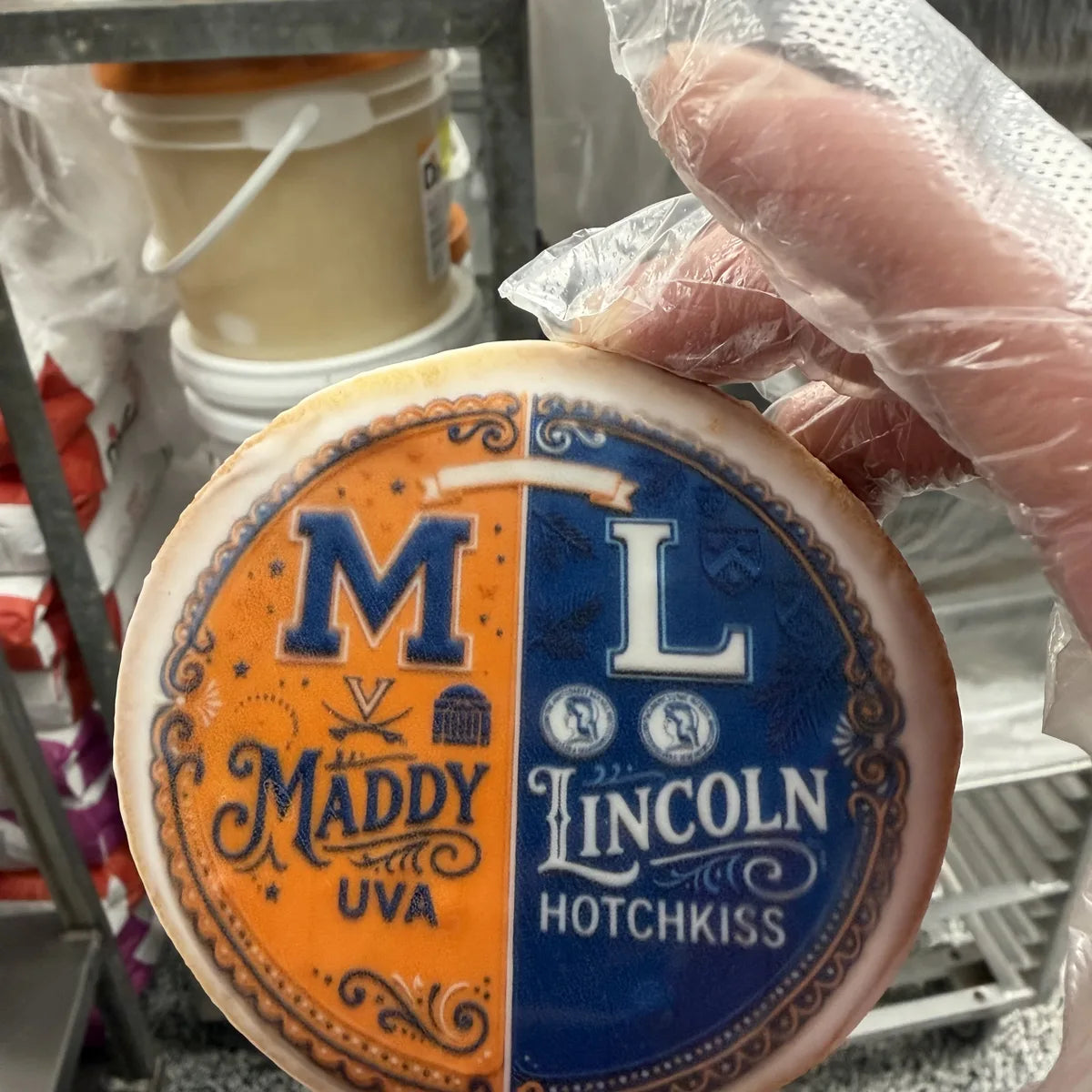 Names and institution artwork printed on a custom cookie