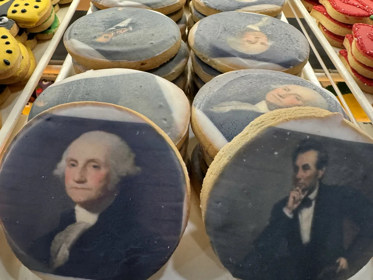 Historical portraits printed across a coordinated cookie batch