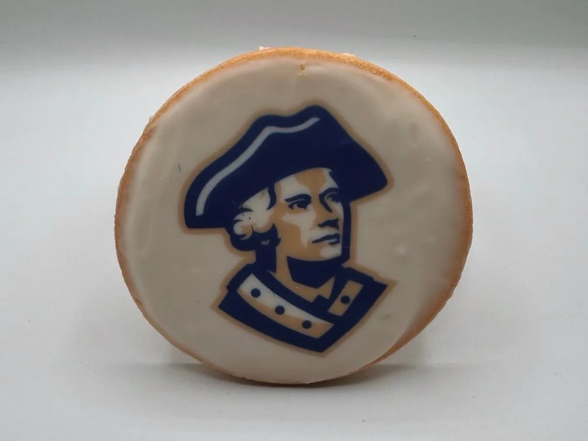 A school mascot logo printed on a round custom cookie