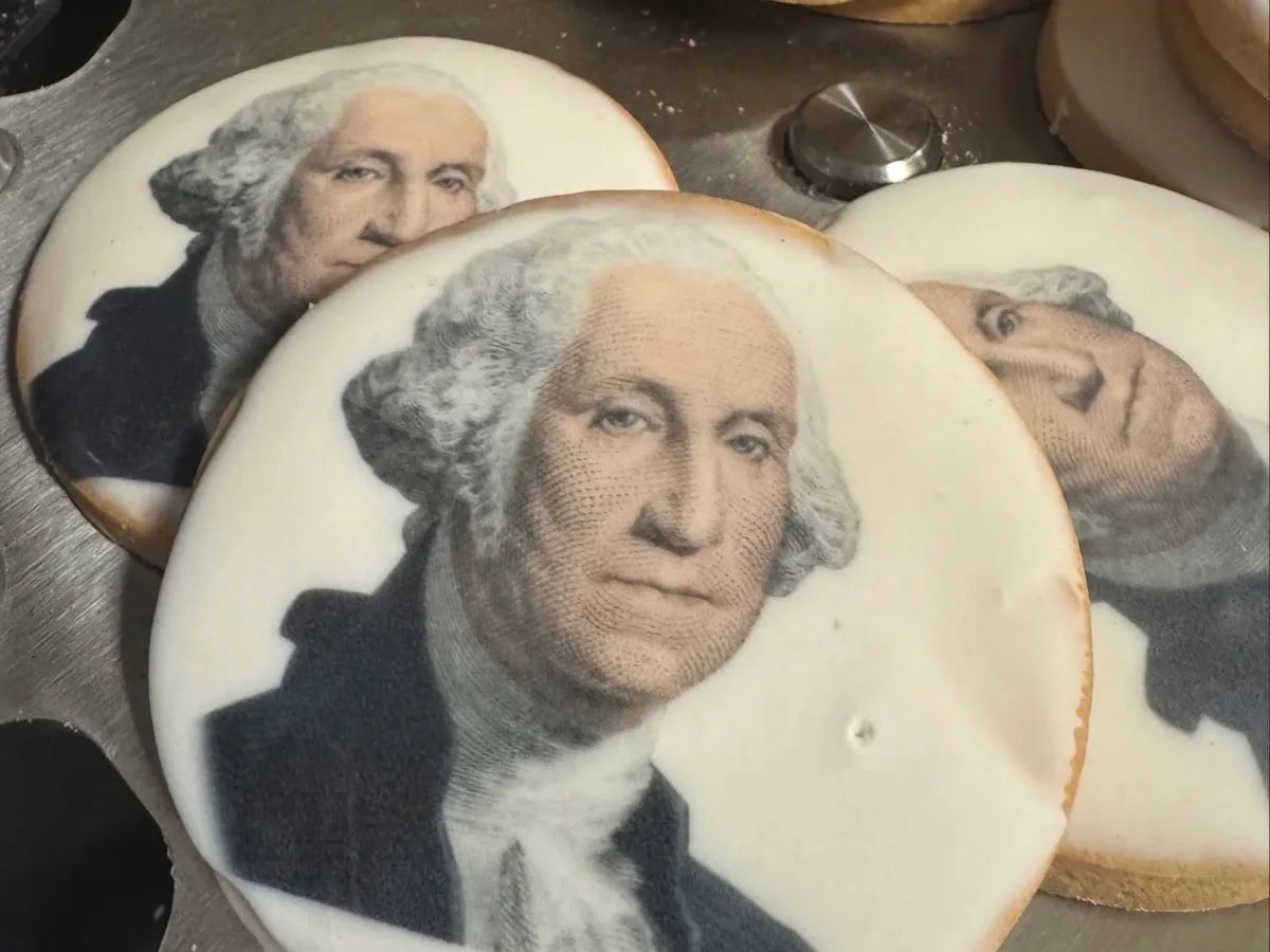 A detailed honoree image repeated across a batch of custom cookies