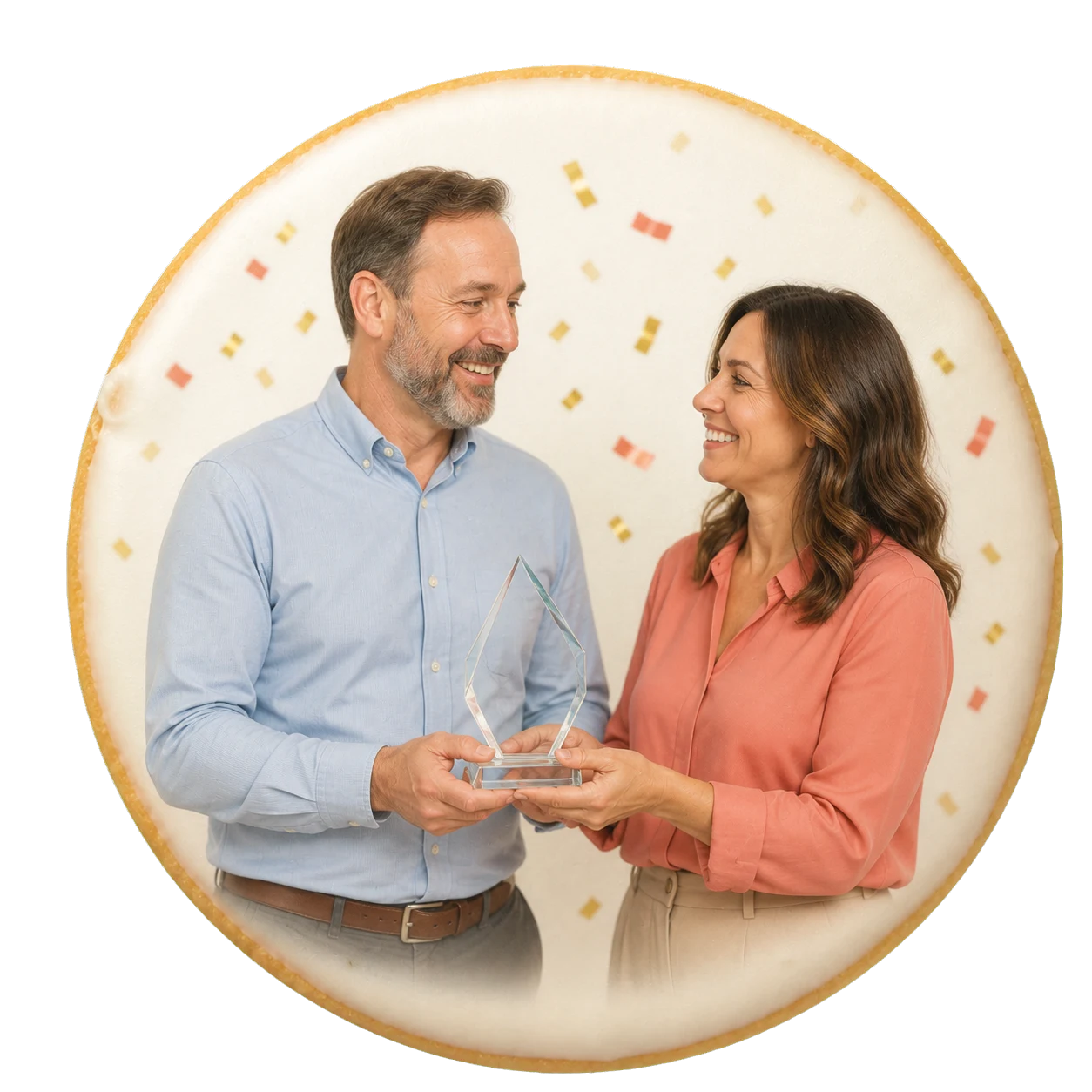 An honoree portrait printed on a custom recognition cookie