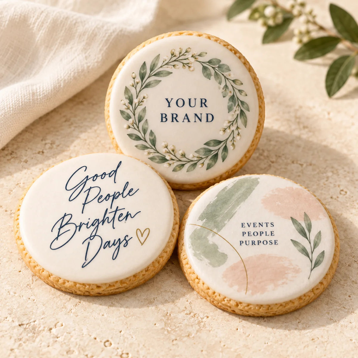 Three custom vanilla cookies with botanical, message and event artwork