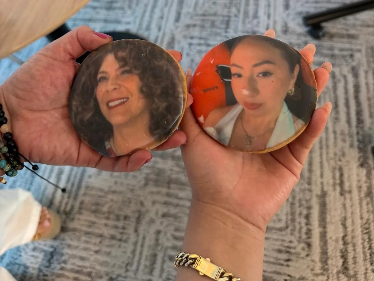 Two portrait photographs printed on separate round cookies